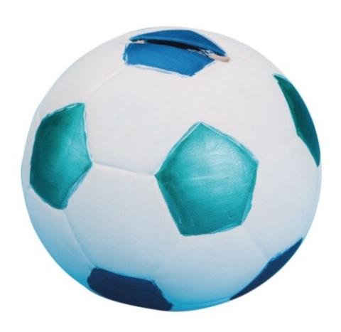 Ceramic soccer ball bank painted in blue and white.