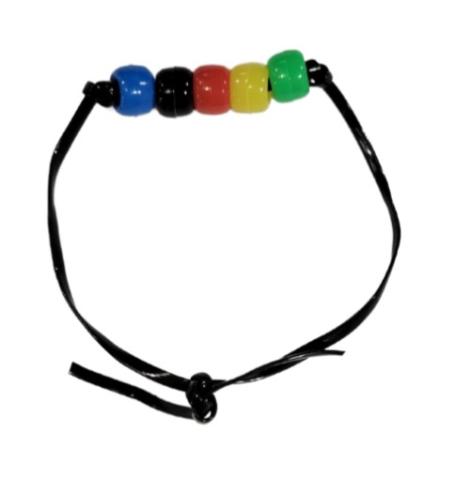 Bracelet with black cord and 5 beads (blue, black, red, yellow and green).