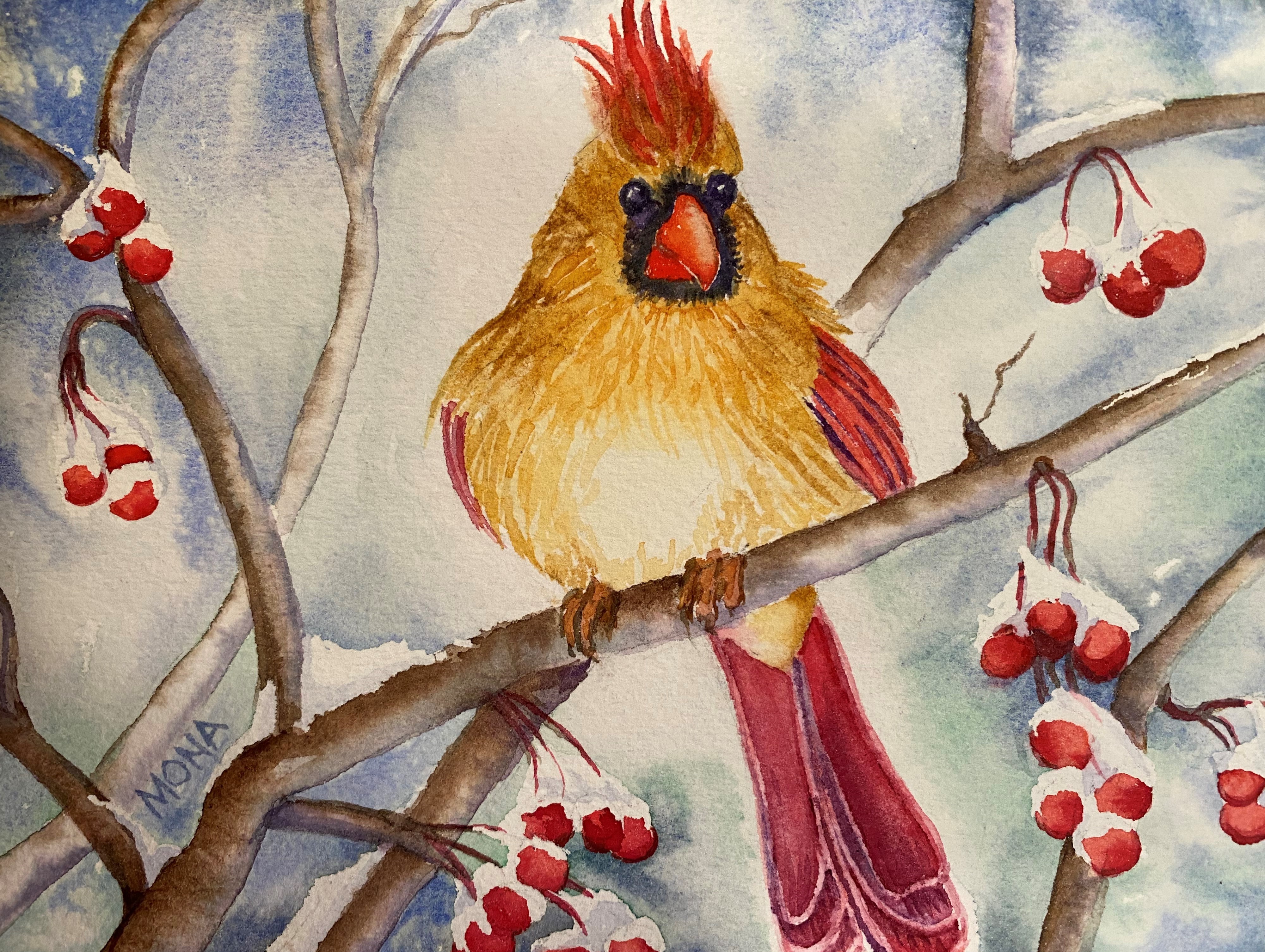 Painting of a yellow and red cardinal sitting on a branch