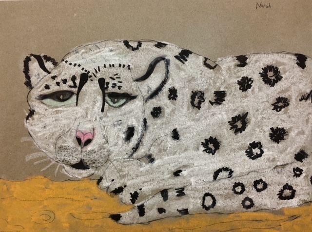 Drawing of a snow leopard cub using pastels. 