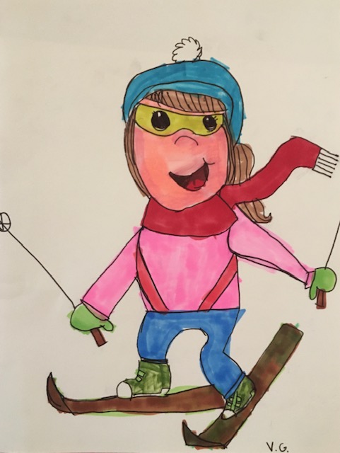 Drawing of a skier with a blue hat, red scarf, pink jacket, blue pants and brown skis. 