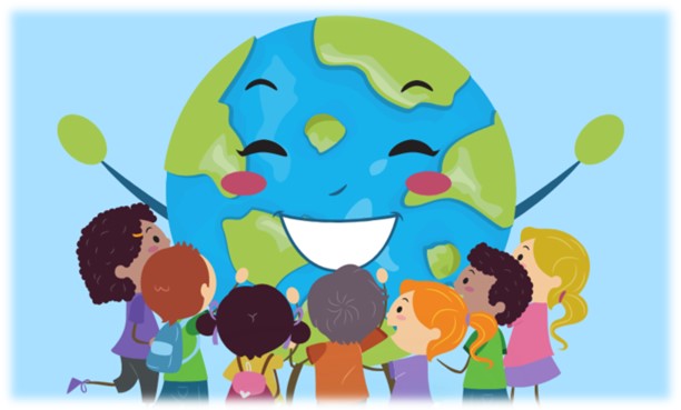 Cartoon Earth surrounded by seven children with differing skin tones. 
