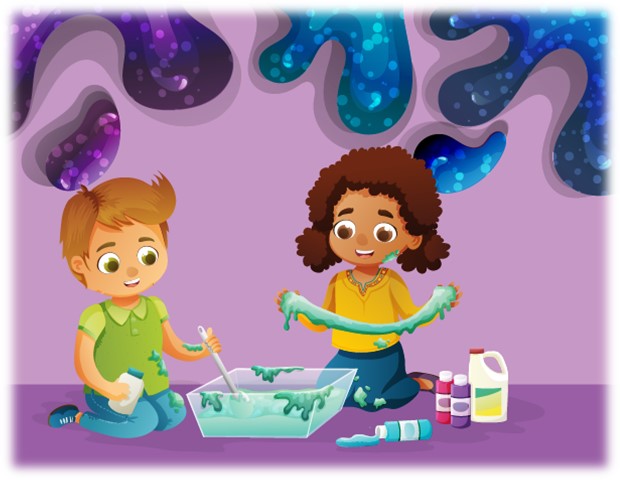 Two children making green slime. Background is purple with dripping blue and purple slime. 