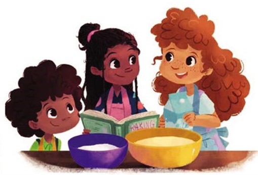Three children looking at a recipe book with a mixing bowl.