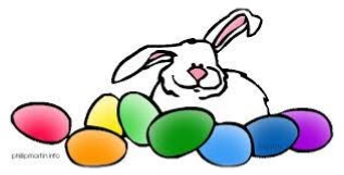 Drawing of a white rabbit sitting behind eight eggs each dyed a different bright color. 