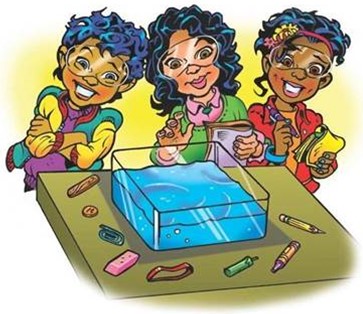 Three children playing with a tub of water. 