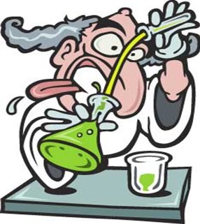 Grey haired mad scientist pouring a green liquid from a test tube into a beaker. 