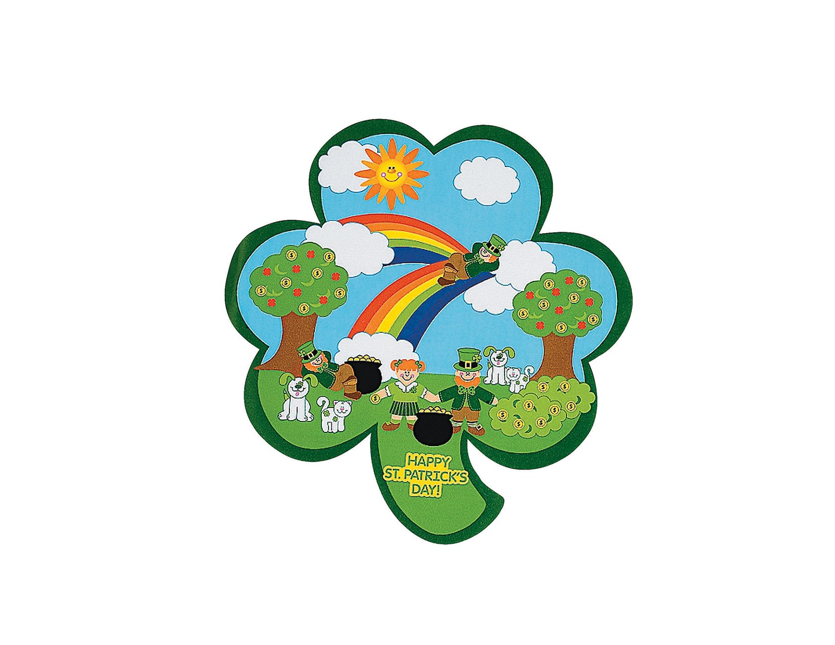 shamrock decorated with the sun, clouds, a rainbow, trees, leprechauns, pots of gold, dogs and cats