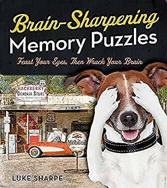 Brain-Sharpening Memory Puzzles book cover with a dog covering its eyes. 