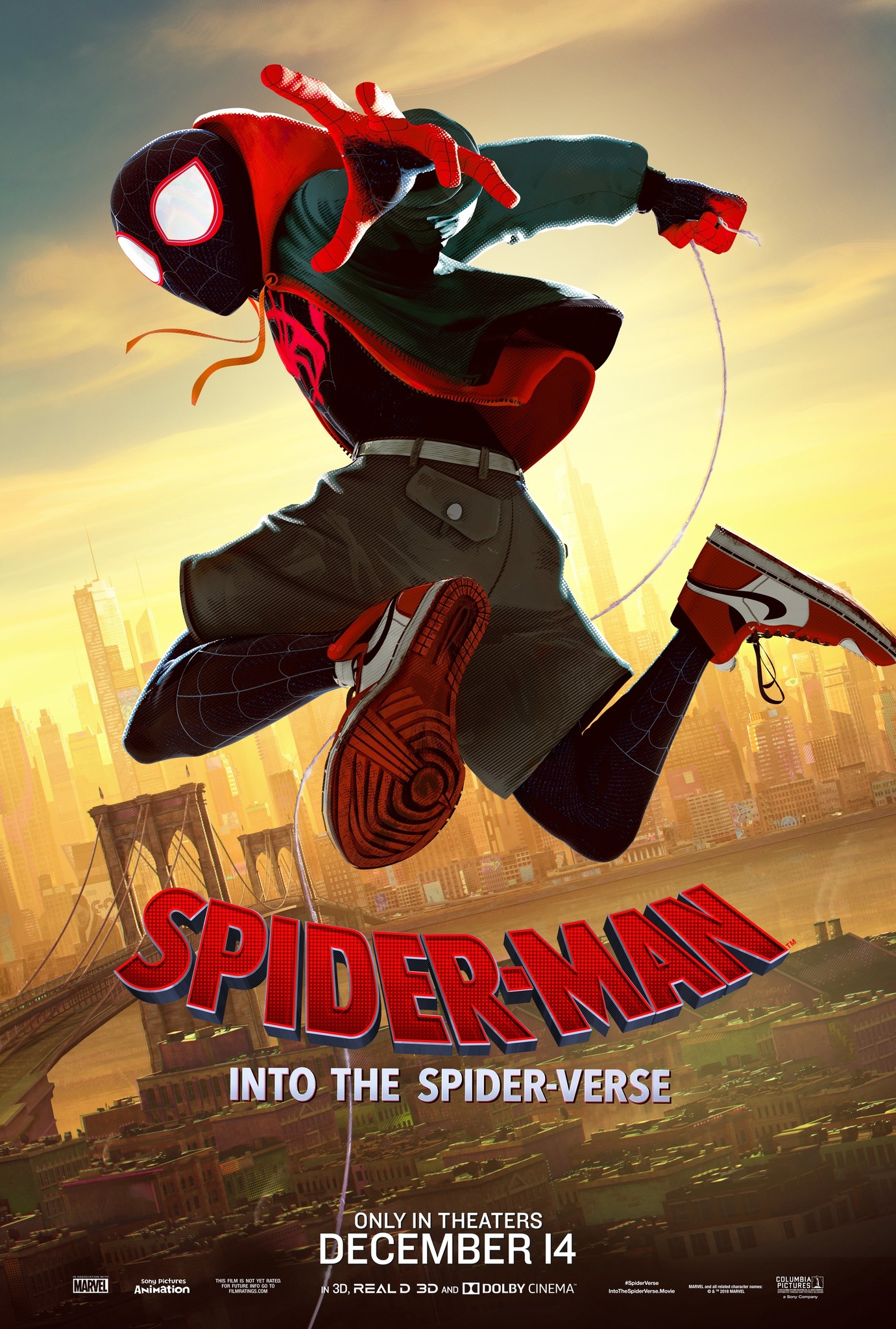 Teenage boy in a rad spider costume jumping through air.