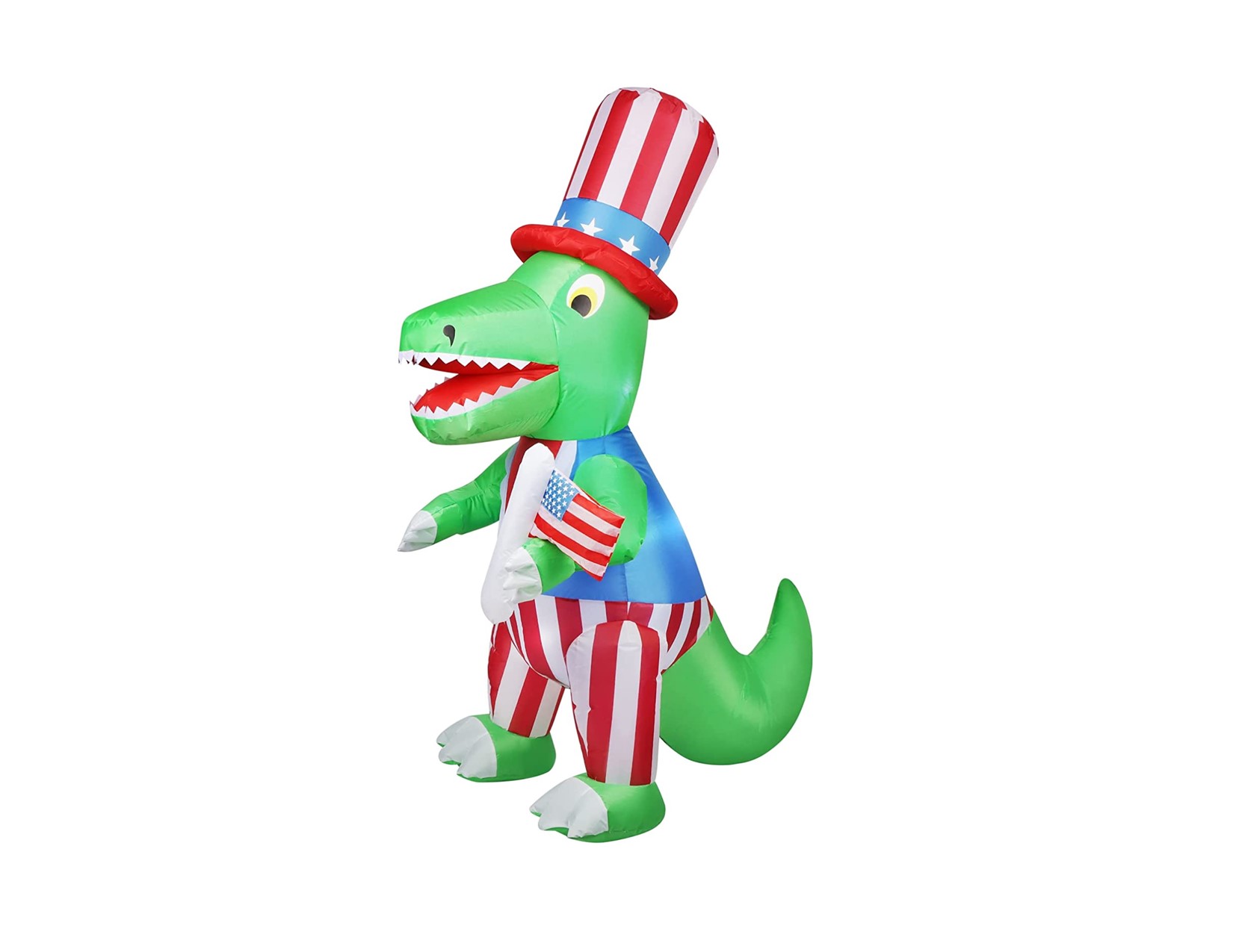 green dinosaur with red white and blue patriotic hat and clothes