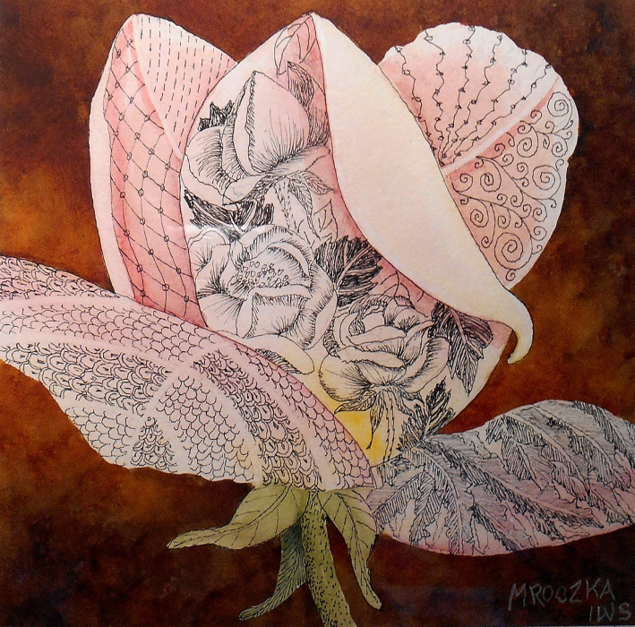 Drawing of a rose colored flower with smaller flowers drawn on the leaves. 