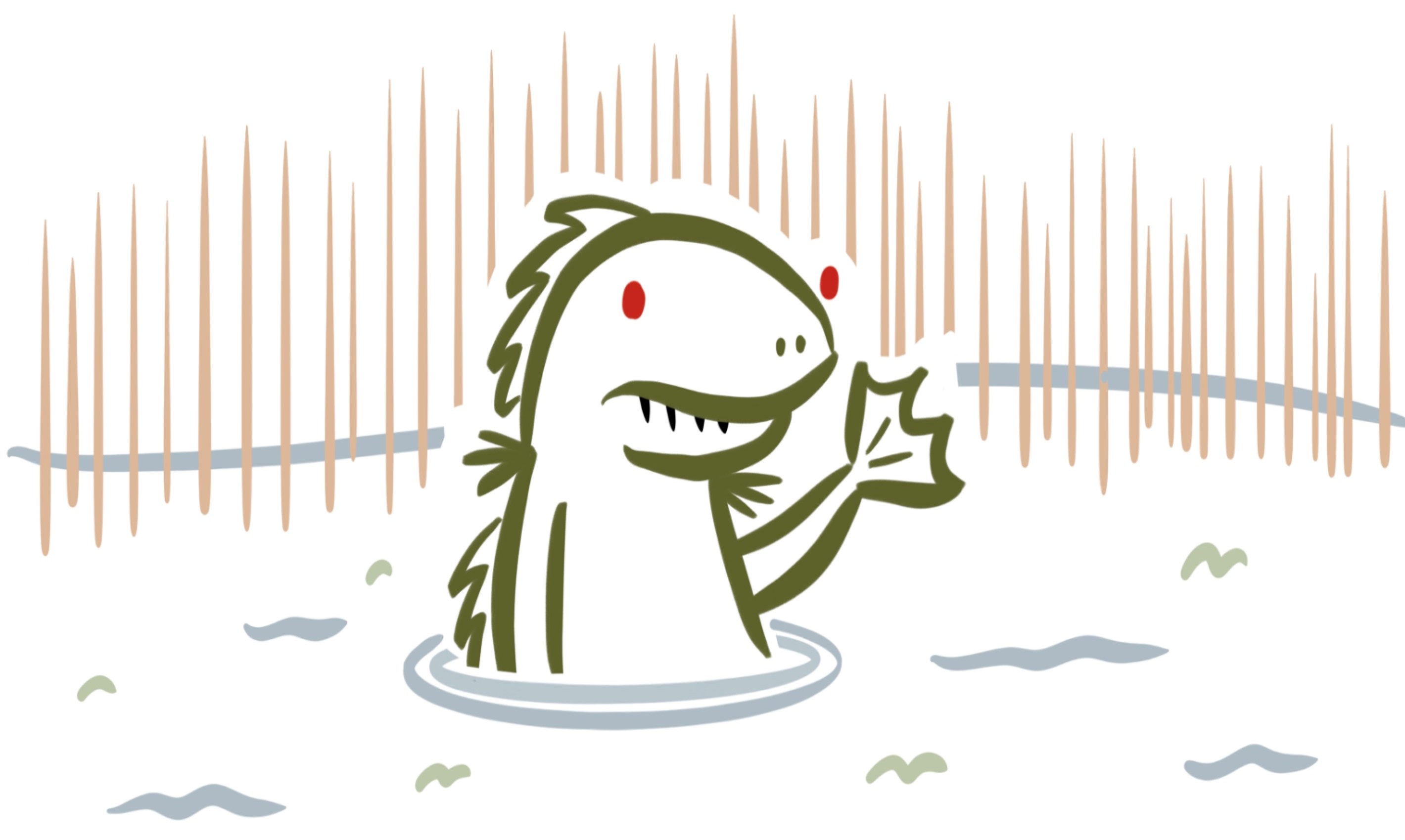 Drawing of a lizard-like creature in a swamp.