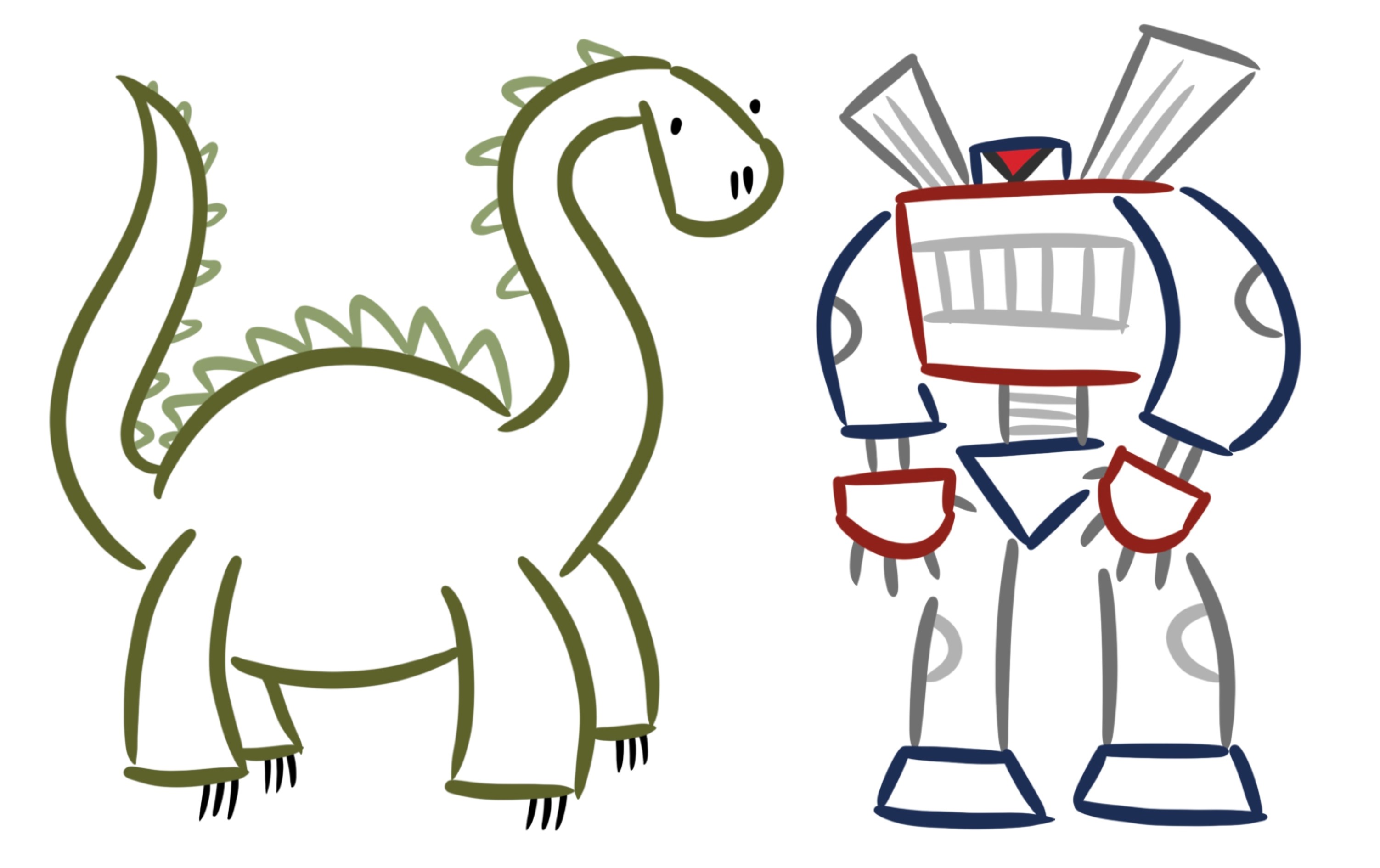 drawing of a dinosaur and robot