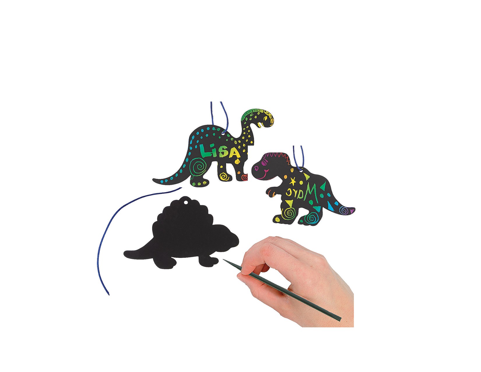 hand holding a scratch pen and scratching black off dinos to reveal colors underneath