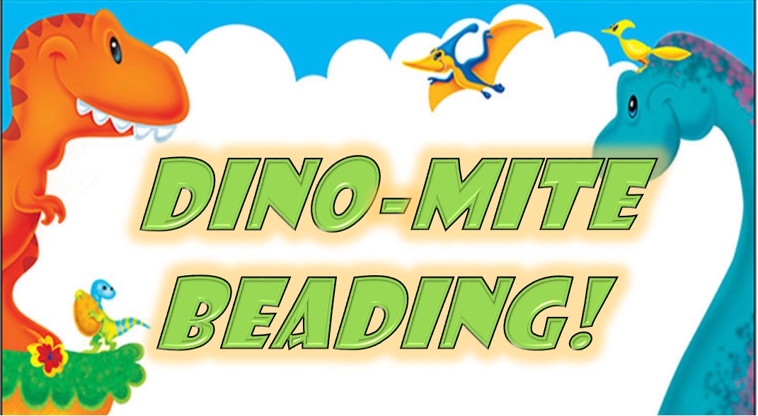 Cartoon dinosaurs bordering the words dino-mite beading.