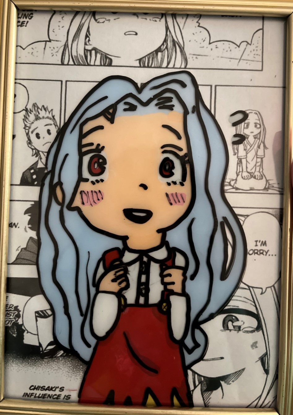 Manga painting of a girl with blue hair in a red jumper.