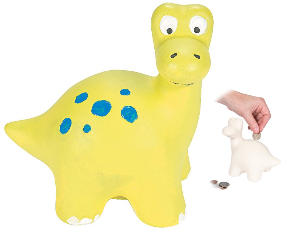 A large green dinosaur with blue dots and an unpainted white ceramic bank. 
