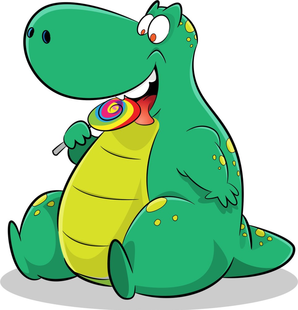 Drawing of a seated green dinosaur eating a colorful lollipop.