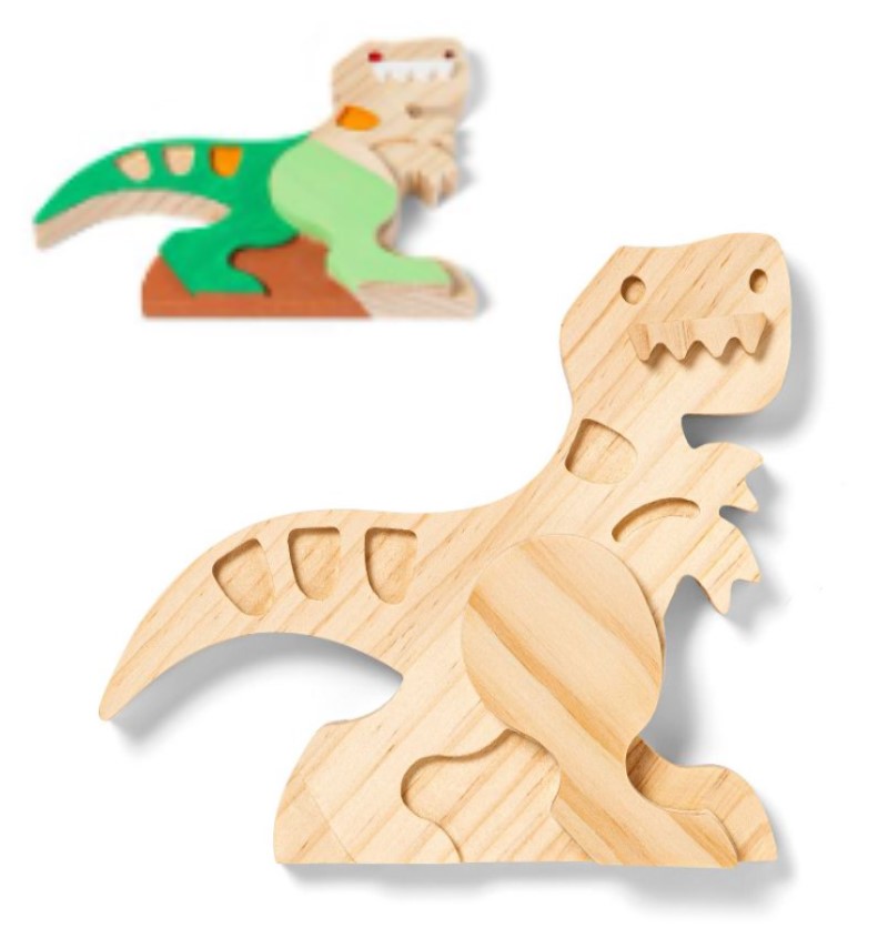 A small wooden dinosaur painted and a larger unpainted wooden dinosaur. 