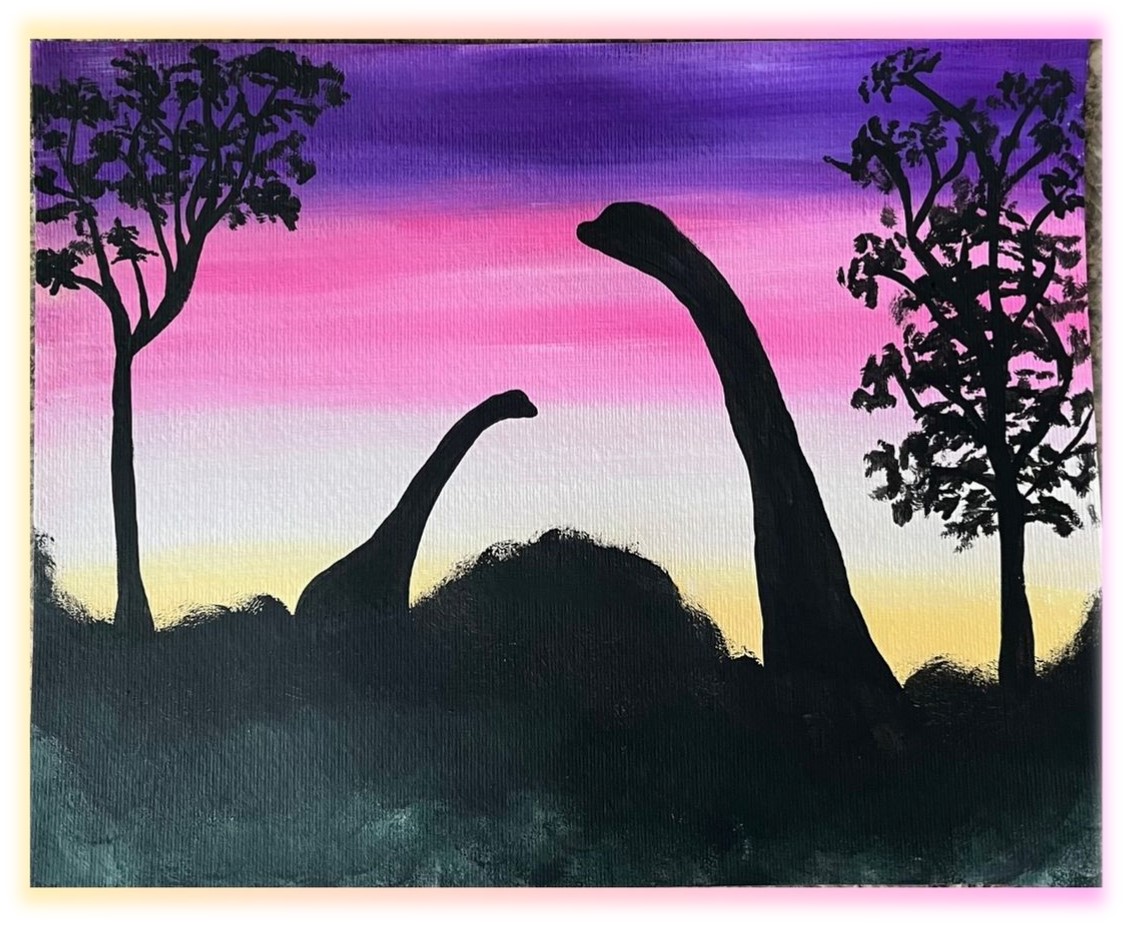 Two long necked dinosaur silhouettes with sunset in purple, pink and yellow. 