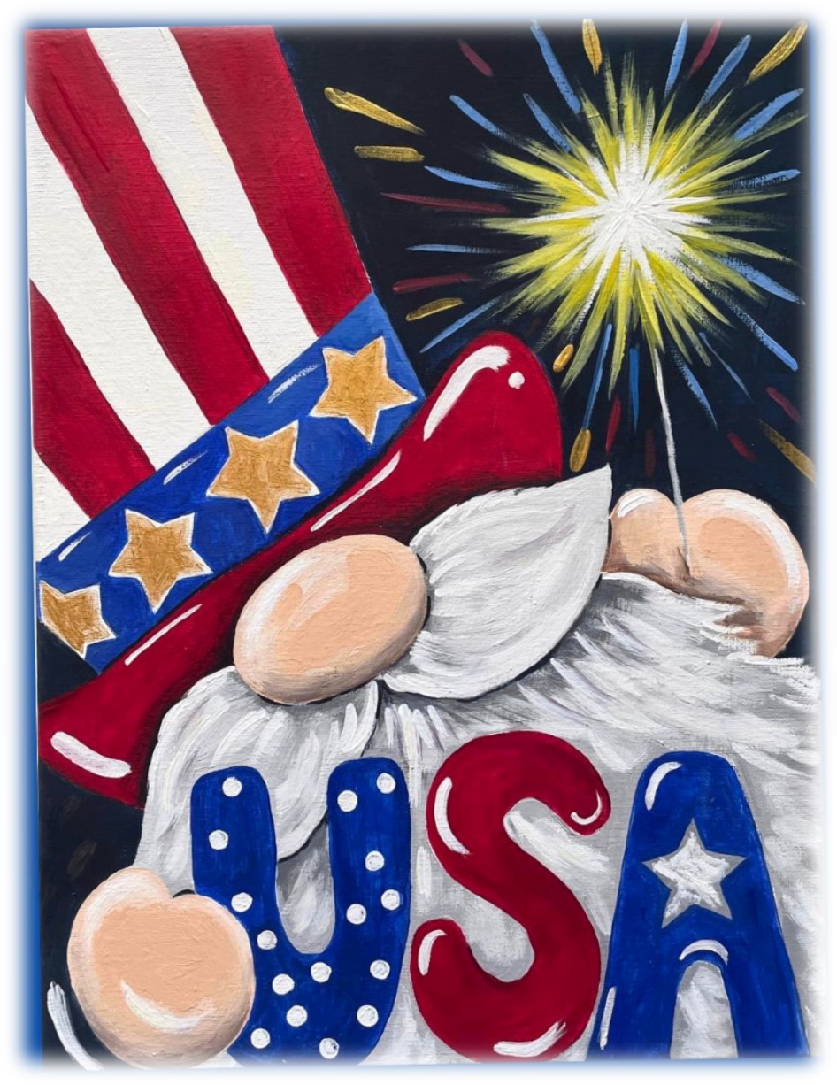Gnome dressed in red, white and blue holding a sparkler and USA letters. 