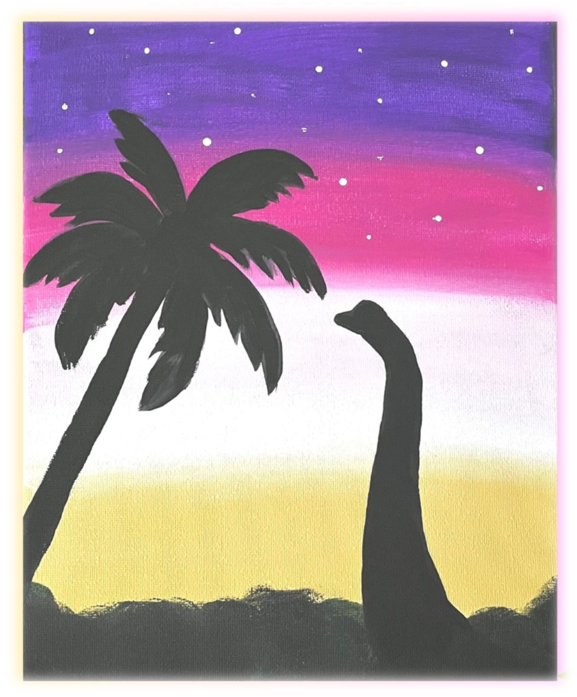 One long necked dinosaur and palm tree in silhouette. Background sunset is purple at the top, with pink, white and yellow bancs of color underneath. 
