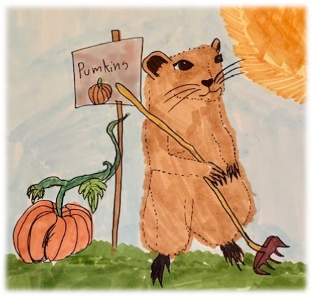 Drawing of gardening groundhog. 