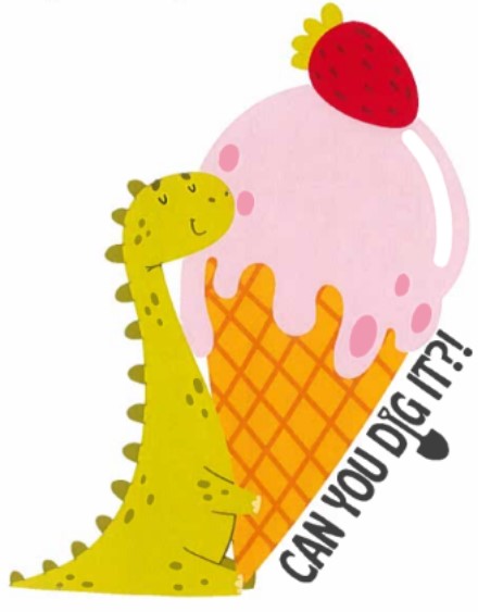 Green dinosaur holding an ice cream cone with pink ice cream and a strawberry on top.