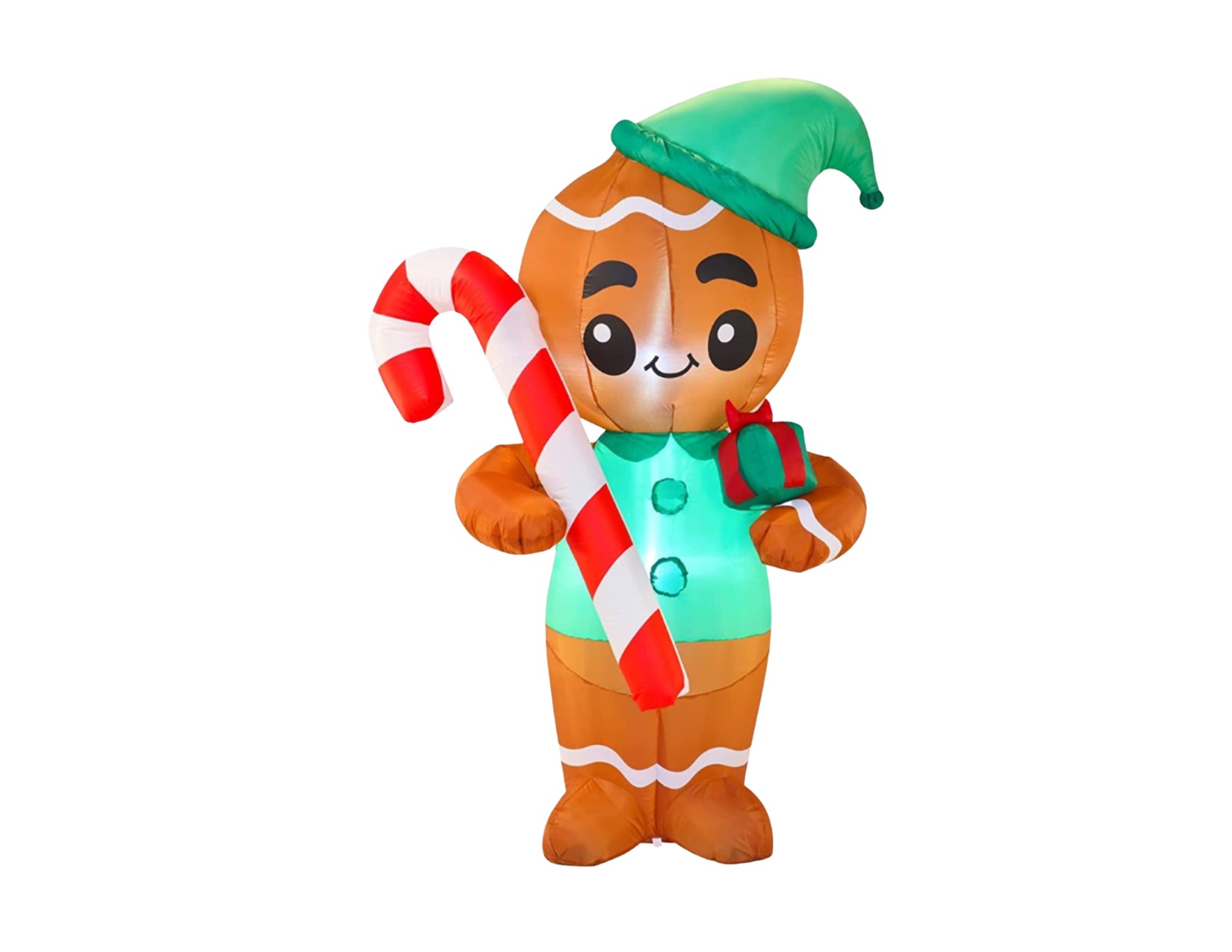 gingerbread man wearing green hat and shirt, holding a red and white candy cane