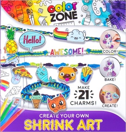 Colorful box with Shrink Art items displayed. 