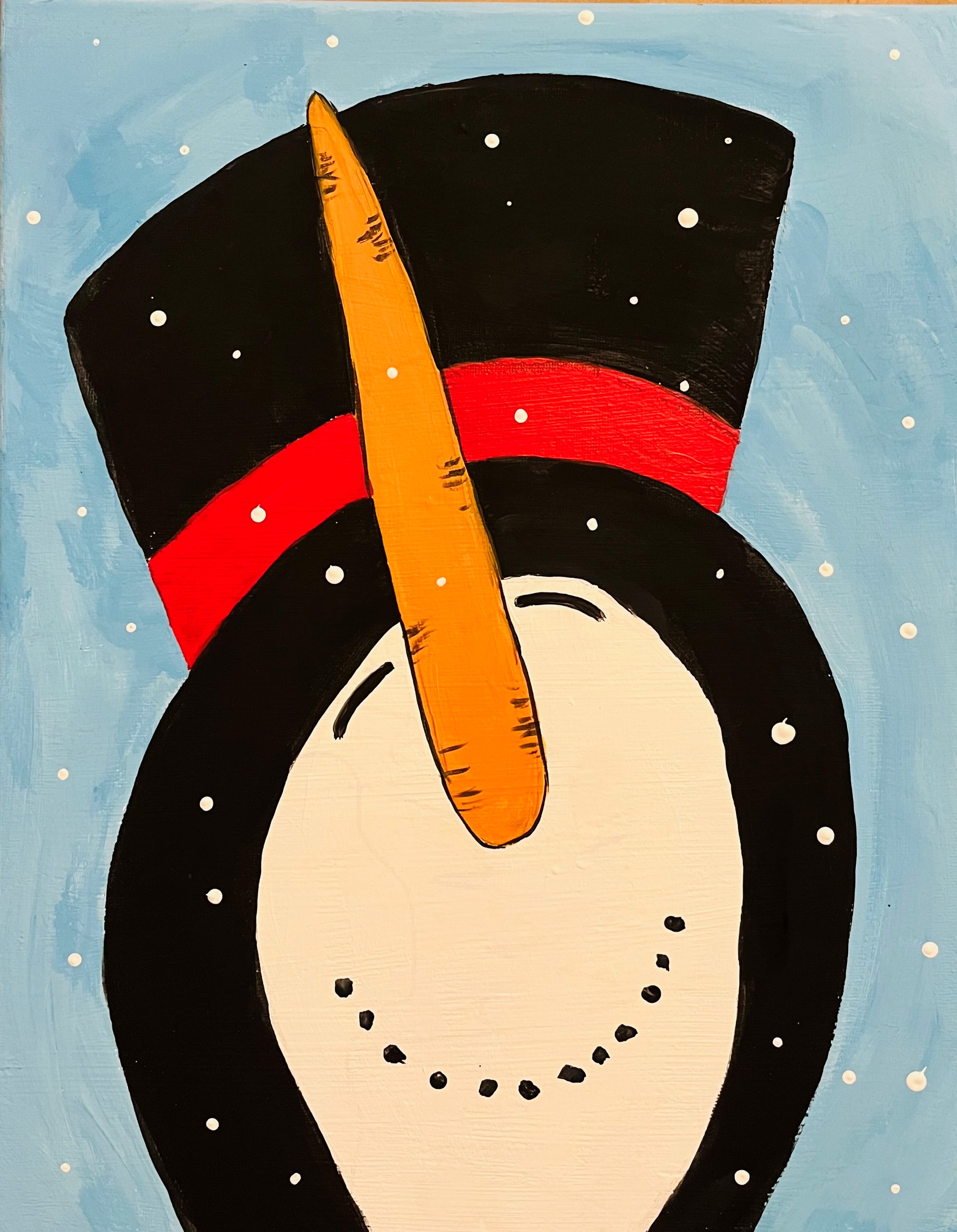 Smiling snowman with black hat, carrot nose painted on canvas.