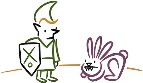 Cartoon line drawing of an elf with shield near a three eared rabbit with sharp teeth. 