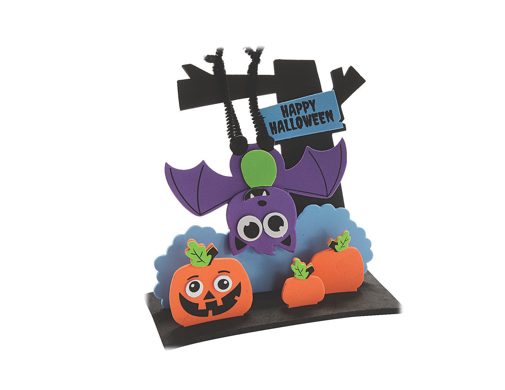 purple bat hanging upside down from black tree , pumpkins on ground