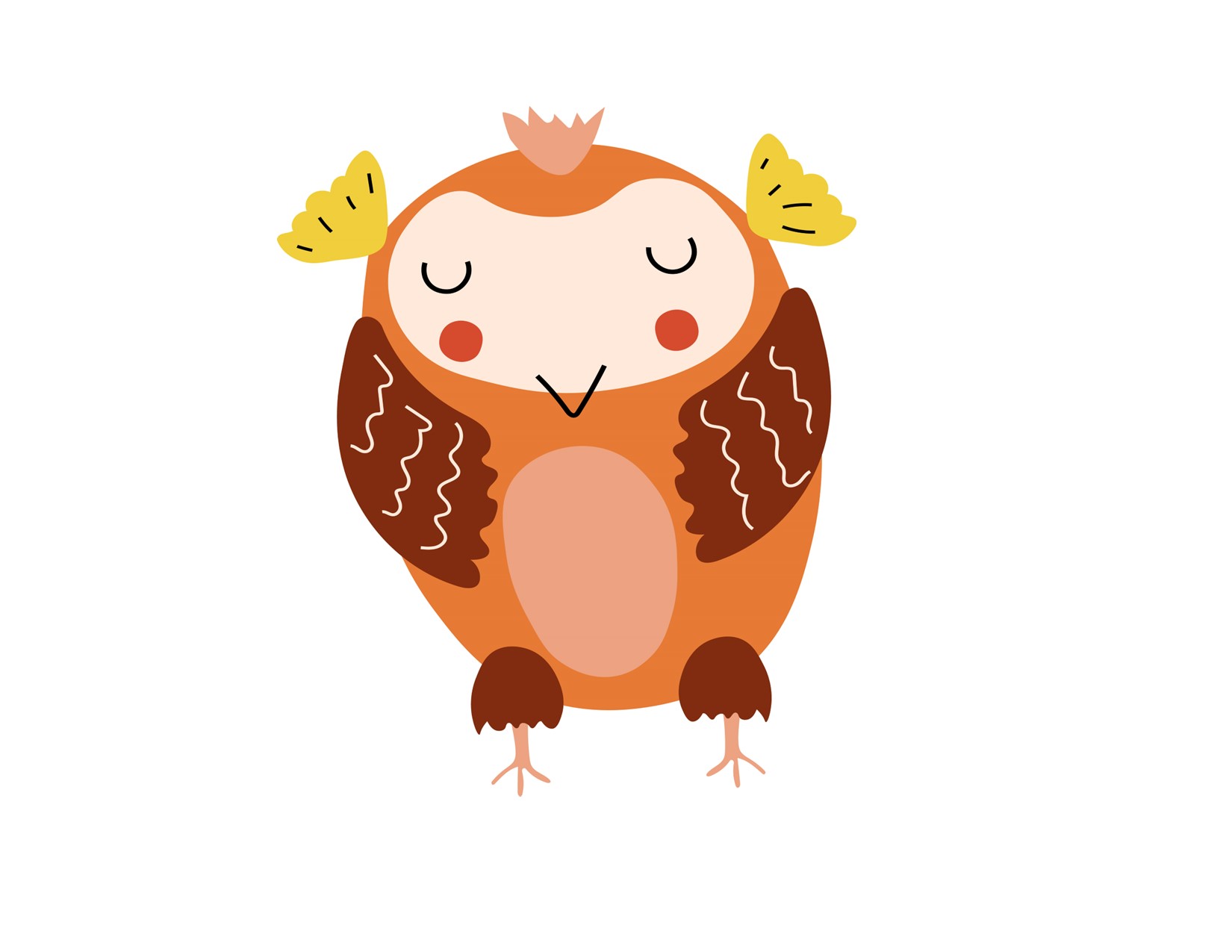 smiling orange owl with brown wings and feet, yellow ears, pink belly and hair tuft