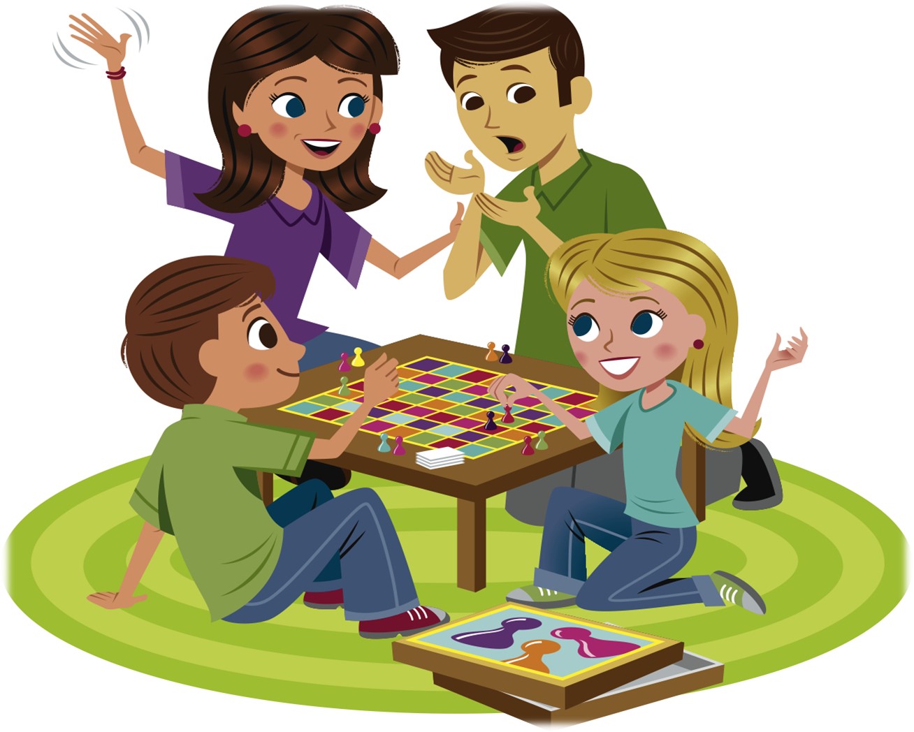 Two parents and two children playing a board game on a table while sitting on a rug. 