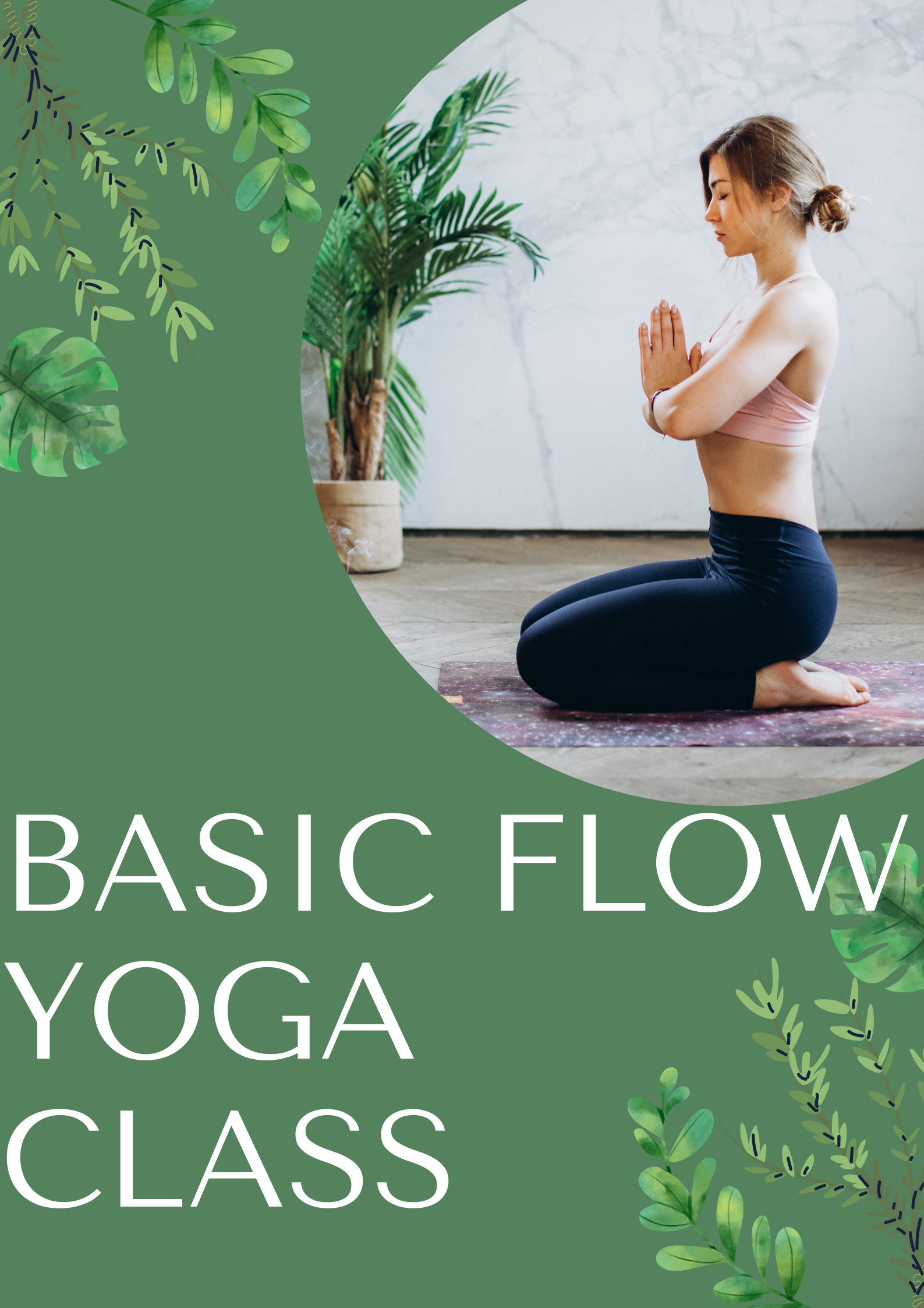 Basic Flow Yoga with a green background and woman sitting on yoga mat 