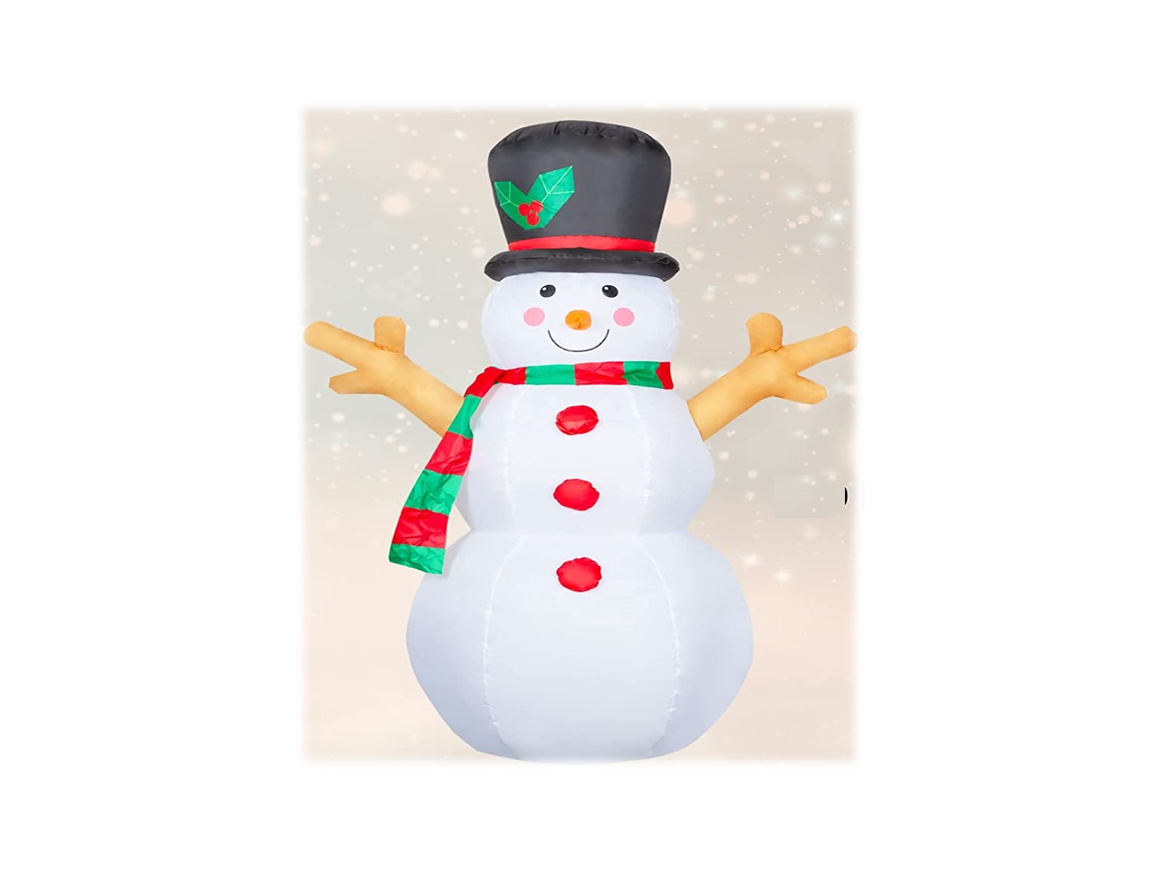 smiling snowman with black hat, green and red scarf and red buttons