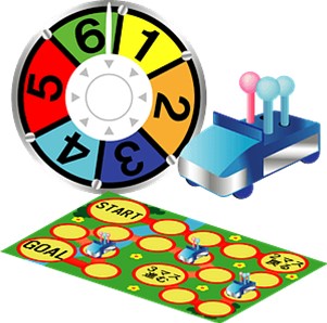 Oversized game spinner, blue LIFE car with 2 blue pegs and 1 girl peg, and a game board.