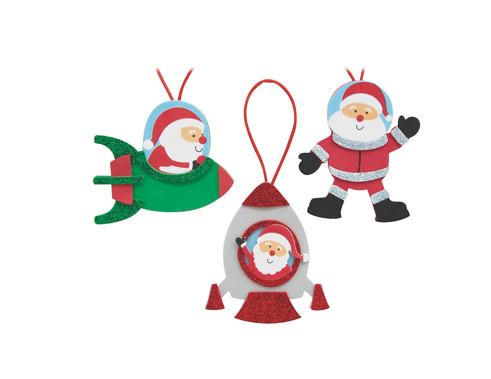 3 santas flying in outer space. one in a red and green rocket, one in a red and white rocket, one in a astronaut hat