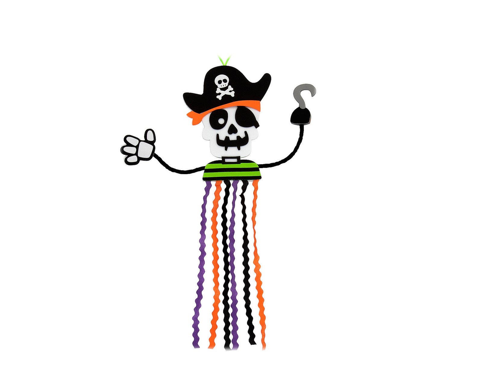 pirate skeleton with hat, eye patch and hook hand; purple, black and orange streamers hanging from shirt