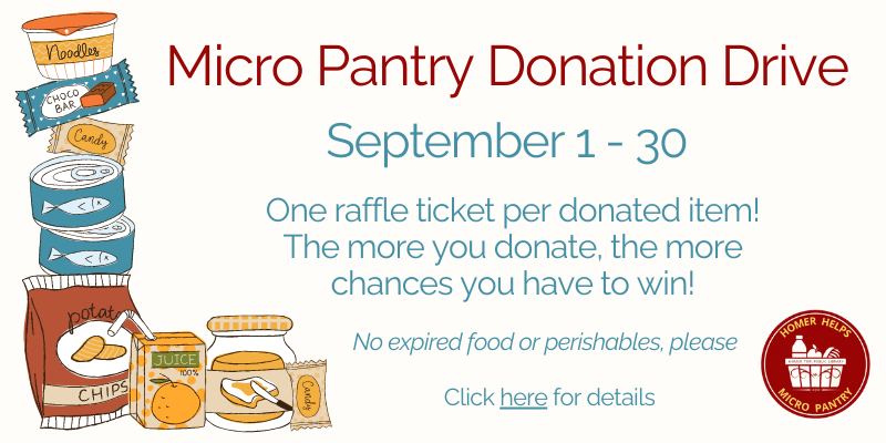 Illustration of various food items: chips, pickles, tuna, candy, juice box, peanut butter. Text reads: Micro Pantry Donation Drive. September 1-30. One raffle ticket per donated item! Click here for details. 