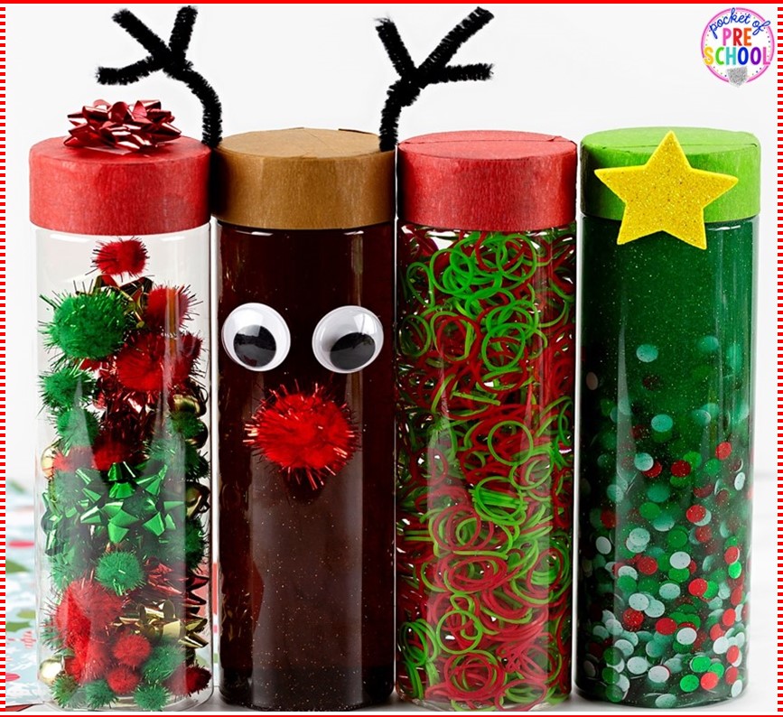 Four sensory bottles filled with red and green rubber bands, gems, pom-poms and bows. All bottles in Christmas colors and one looks like a reindeer. 