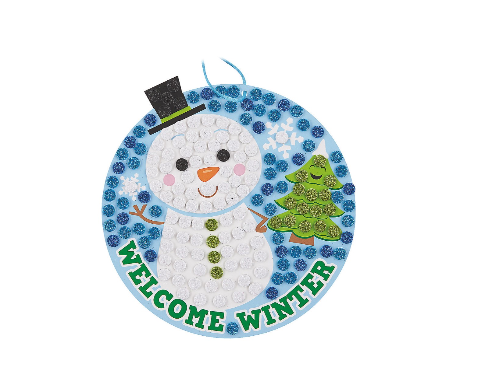 glitter snowman with black and green hat in a circle of blue dots and snowflakes and a green tree. sign saying welcome winter