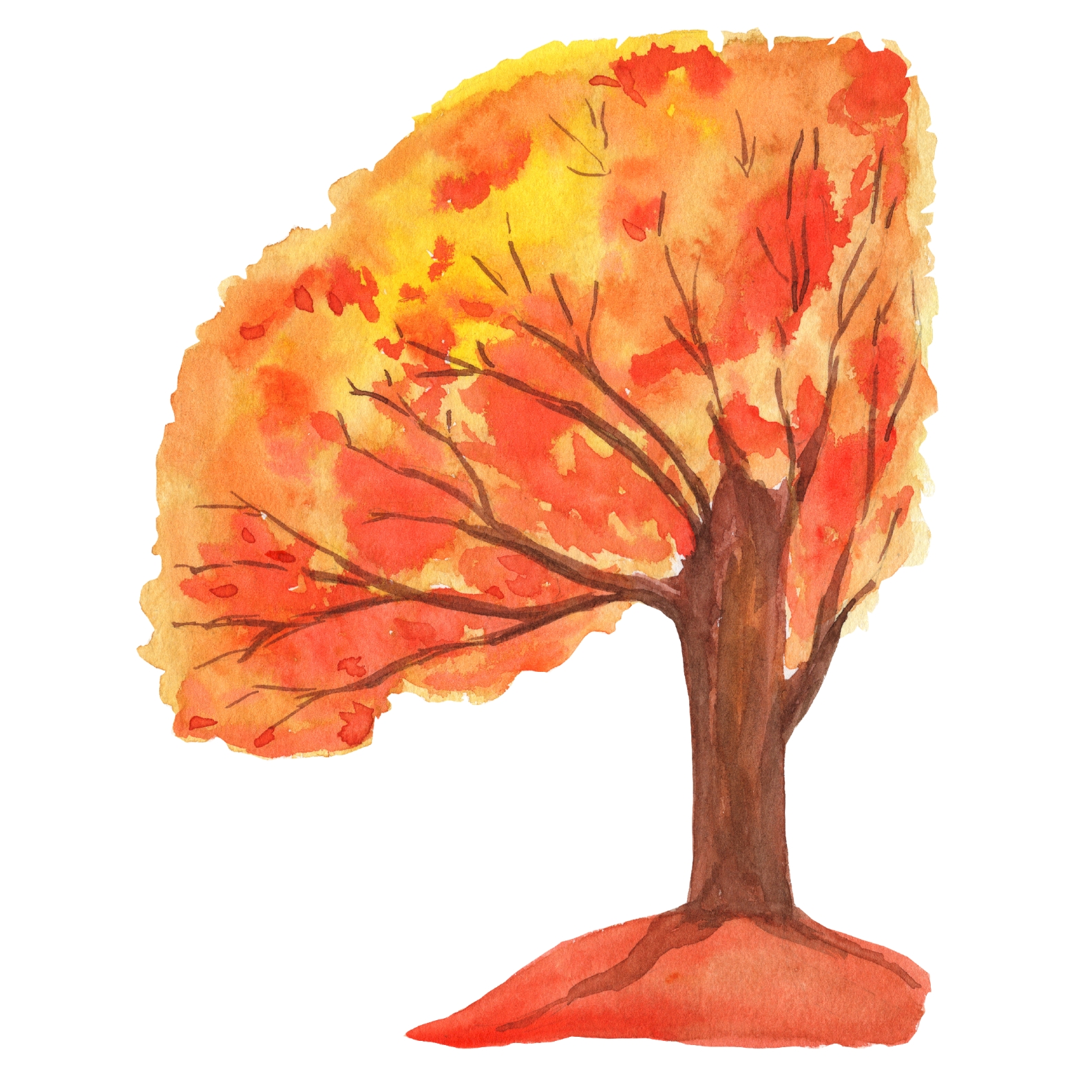 Watercolor painting of a tree with orange and yellow leaves.