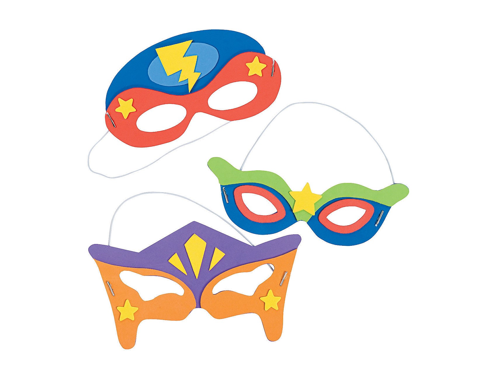 three superhero masks in primary colors of blue, red, orange, purple and green. One mask has a yellow lightening bolt, one mask has a yellow star, one mask has two stars and three triangles