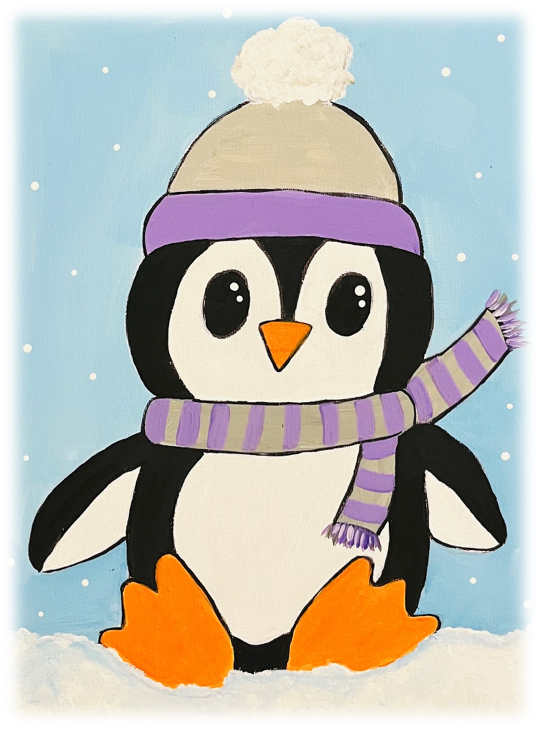 Canvas with penguin painted in acrylics. Wearing a grey and purple hat and scarf. Feet and beak are painted orange. 