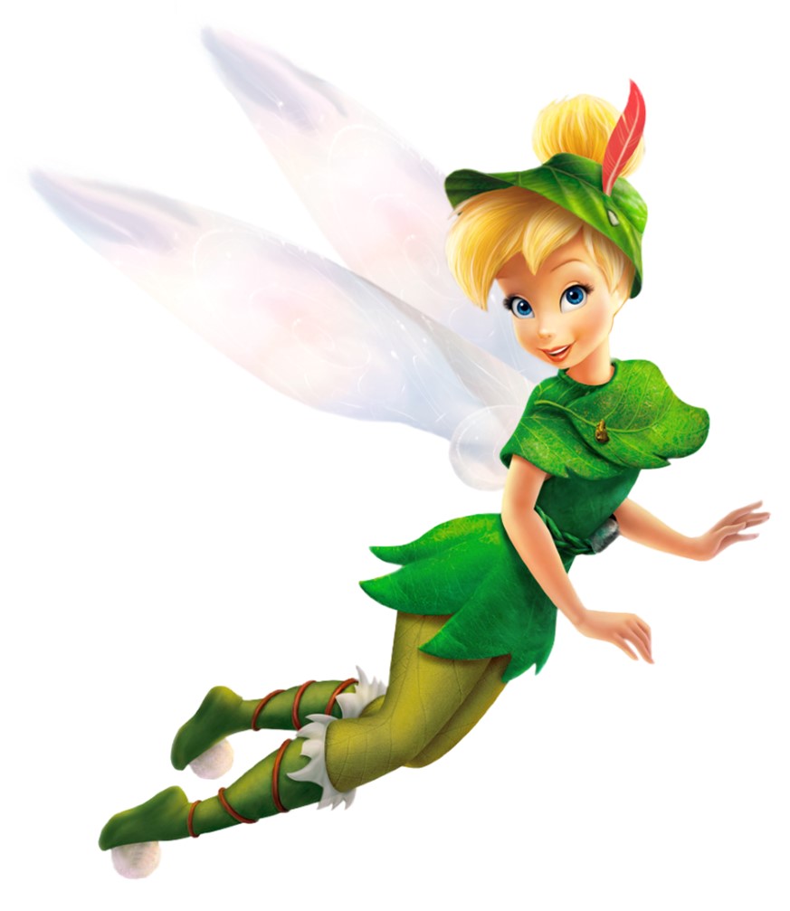 Flying, blond fairy in a green outfit.