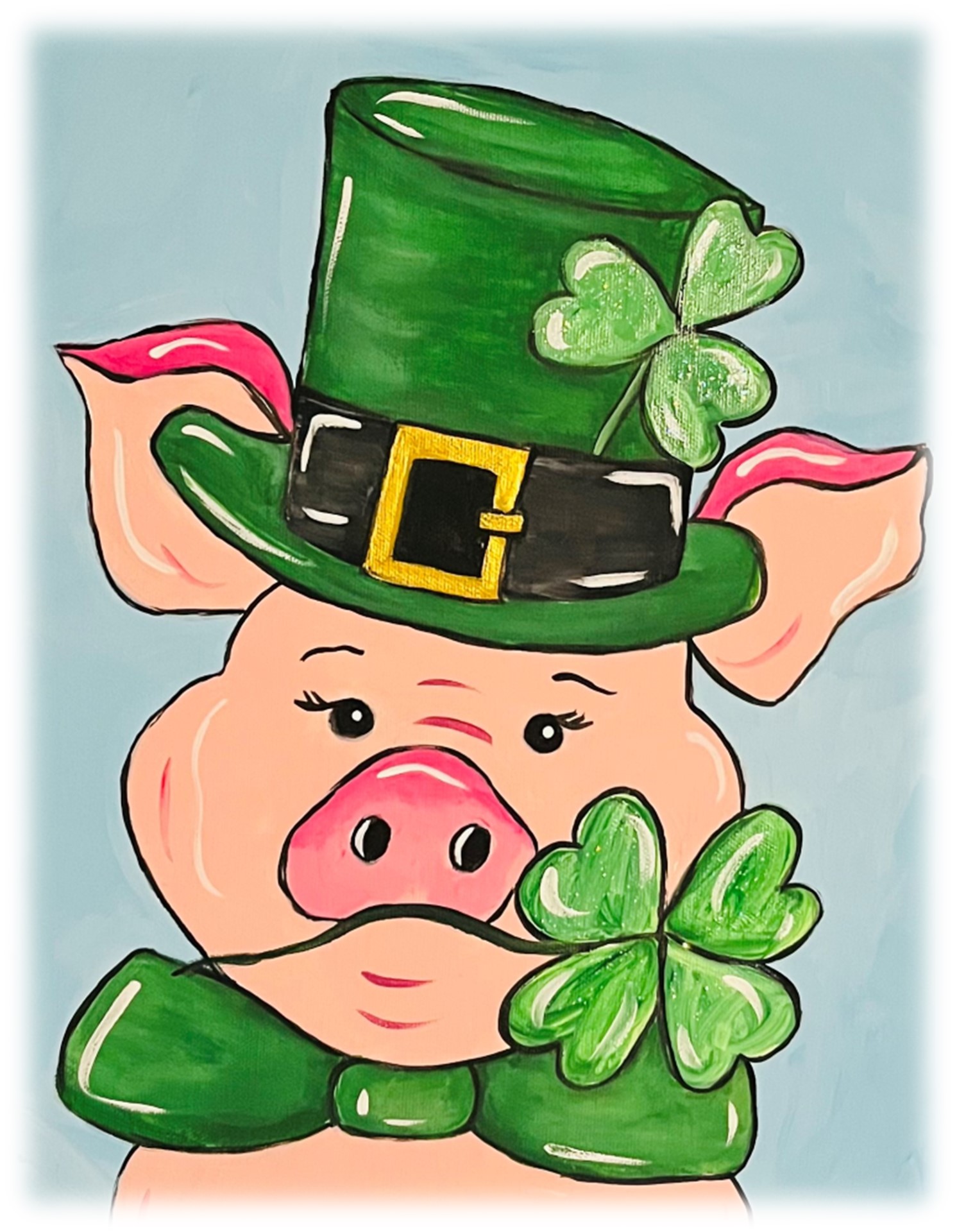 Canvas with a pig painted in acrylics. Pig is wearing a green hat and bow tie. The pig has a shamrock tucked in his hat band and one clenched in his mouth.