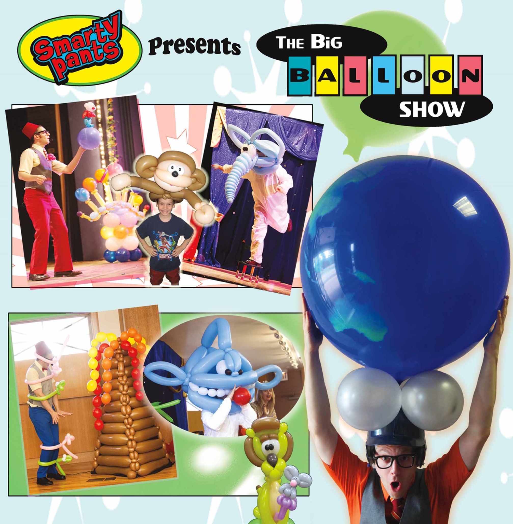 Presenter, Smarty Pants, with many balloon sculptures- an elephant's head, a monkey, a volcano, a dog and a big, blue pointy eared alien mask. 